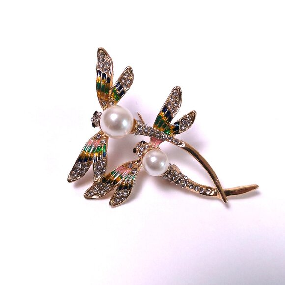 Brooch Dragonflies rhinestones pearly beads sparkly fashion accessories - Picture 3 of 4